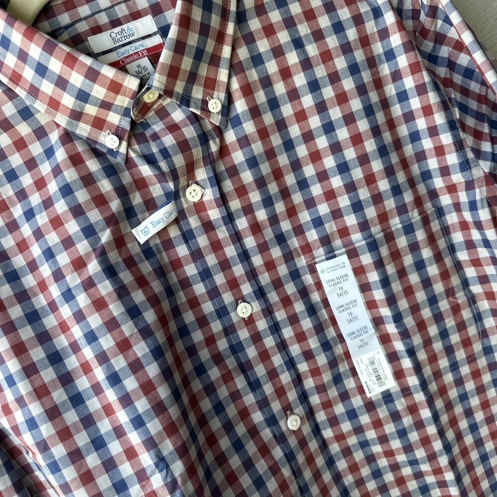 Croft & Barrow Easy Care Classic Fit Men's Size 16 34/35 Red Blue Check Shirt